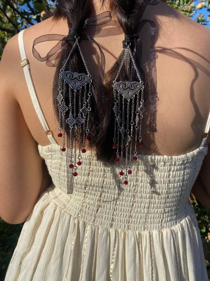 Grampo de cabelo étnico cazaque decorado com contas, decoração dos povos turcos - Imagem 2 de 3