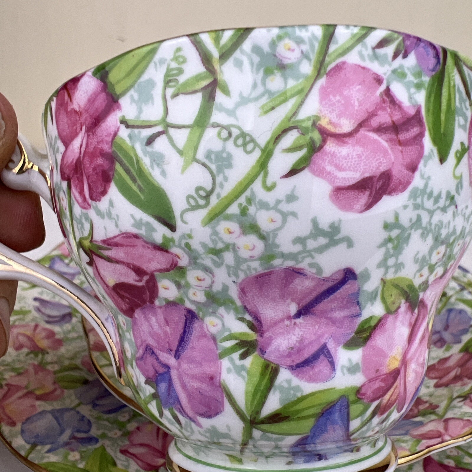 Royal Standard Fine Bone China Sweet Pea Pattern Teacup Saucer And Salad Plate