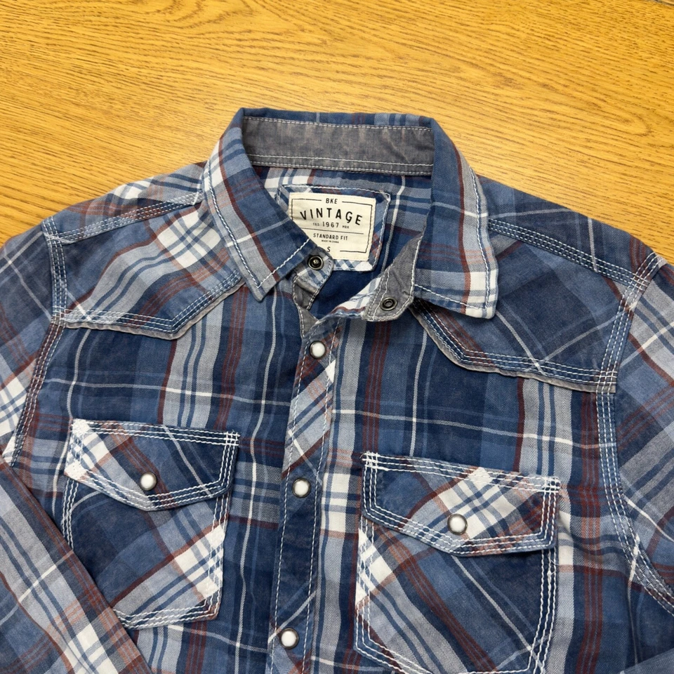 BKE Мужская маленький жемчуг Snap рубашка синий клетку стандартный крой Western ковбой пряжка - Изображение 2 из 4