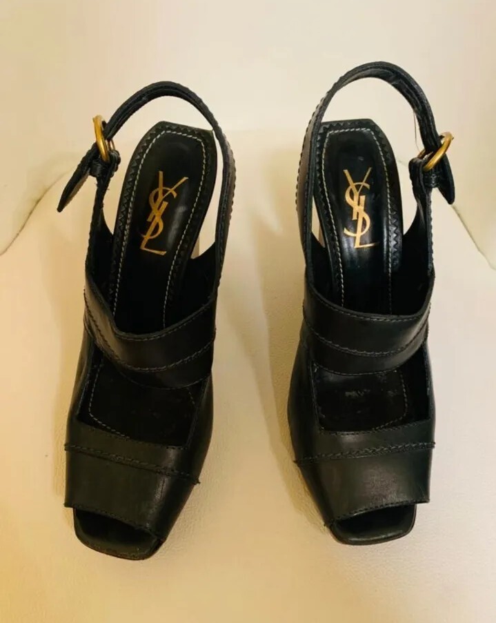 SAINT LAURENT Tacchi vintage YSL in pelle punta aperta imbracatura verde scuro taglia 9