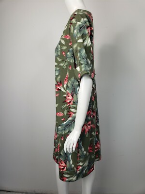 KAREN SCOTT Bateau Neck Elbow Sleeve T-Shirt Dress Olive Tropical