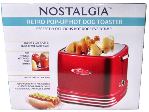 New Nostalgia 4 Slot Hot Dog and Bun Toaster - 1500 watts, Retro Red
