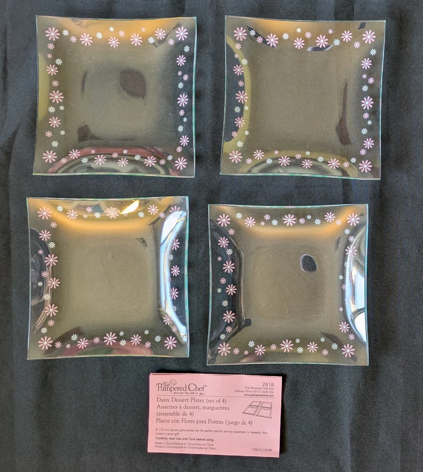 Pampered Chef 6” Square Glass Pink Daisy Dessert Plates Set of 4 #2818 New - Image 3 of 4