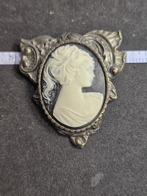 Oval Cameo Portrait Brooch Pin Ornate Silver Tone Frame Black White Beauty