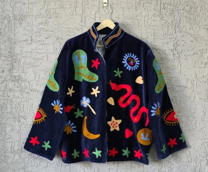 Embroidery Velvet Suzani Jacket~Indian Boho Style Coat For Love Birthday Gift