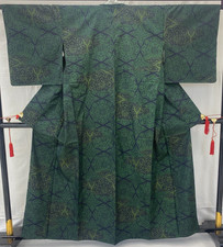 Japanese Vintage Kimono Silk Green Tumugi No Lining Traditional Length 61 in
