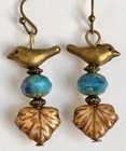 Bronze Sweet Bird with Dusty Rose Leaf and Teal Bead Dangle Earrings.