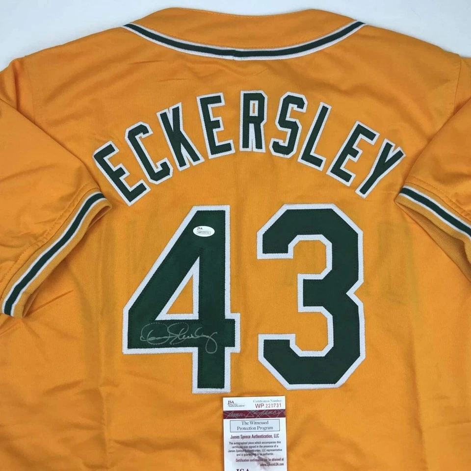 Camiseta de beisebol amarela Oakland autografada/assinada DENNIS ECKERSLEY JSA CERTIFICADO DE AUTENTICIDADE autografada - Imagem 2 de 4