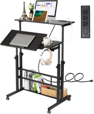 Stand up Desk, Rolling Desk Adjustable Height, Mobile Standing Desk with Wheels 