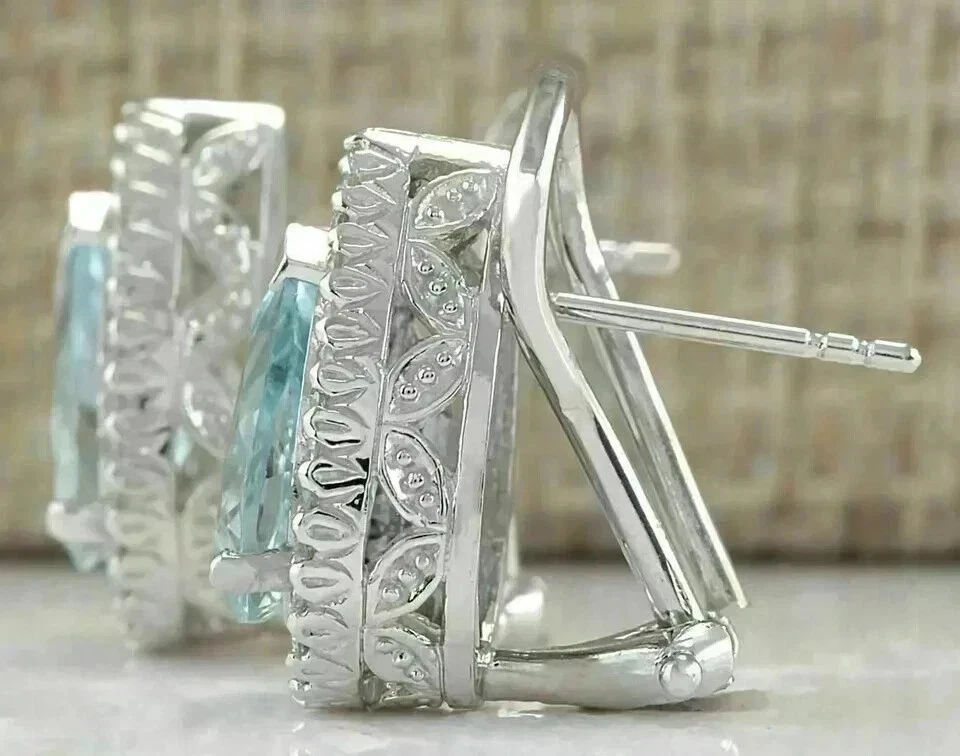 4CT Pear Cut Lab-Created Aquamarine Women's Stud Earring 14K White Gold Finish - Image 2 of 3
