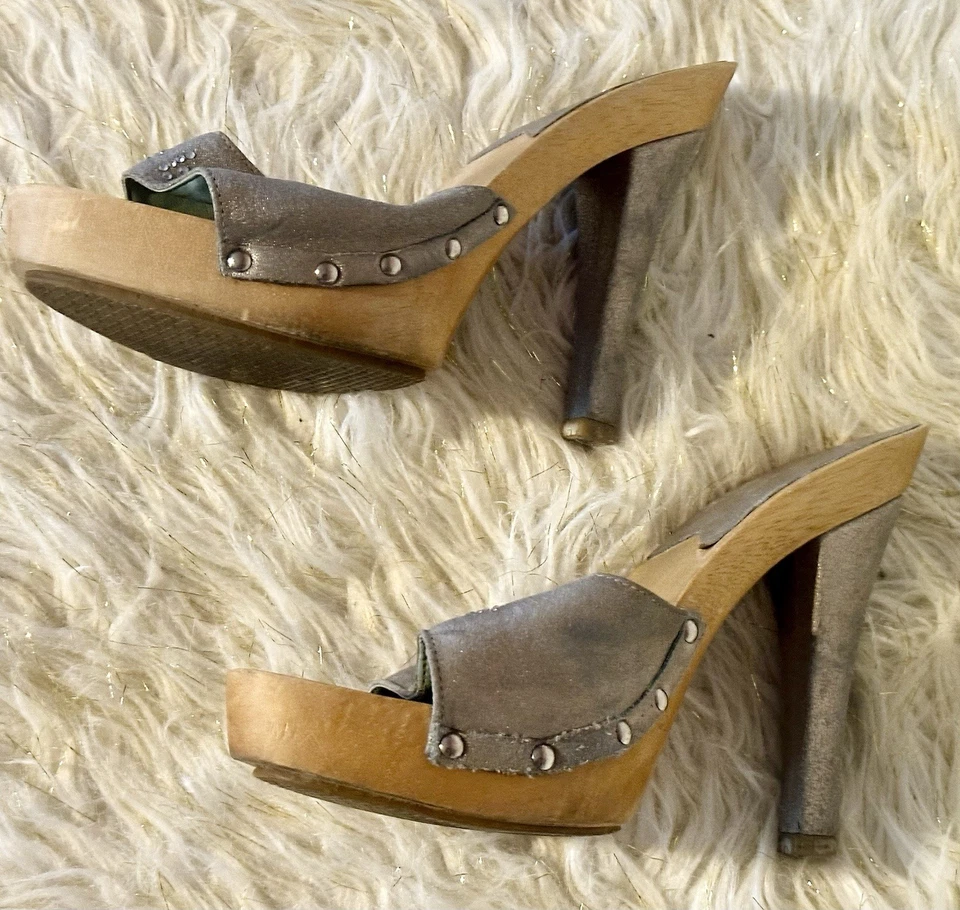 Tacones de plataforma de madera con tachuelas plateadas Bebe vintage talla 8,5 - tacón alto glamuroso Foto 2 de 4