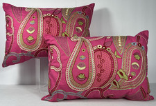 Set of 2 Bright Pink Embroidered Paisley Floral Pillow Rectangle 18" x 13"