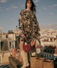 SEZANE LALI DRESS BLACK FLORAL SIZE 2 (34) Boho Mini Long Sleeve Parisian Chic