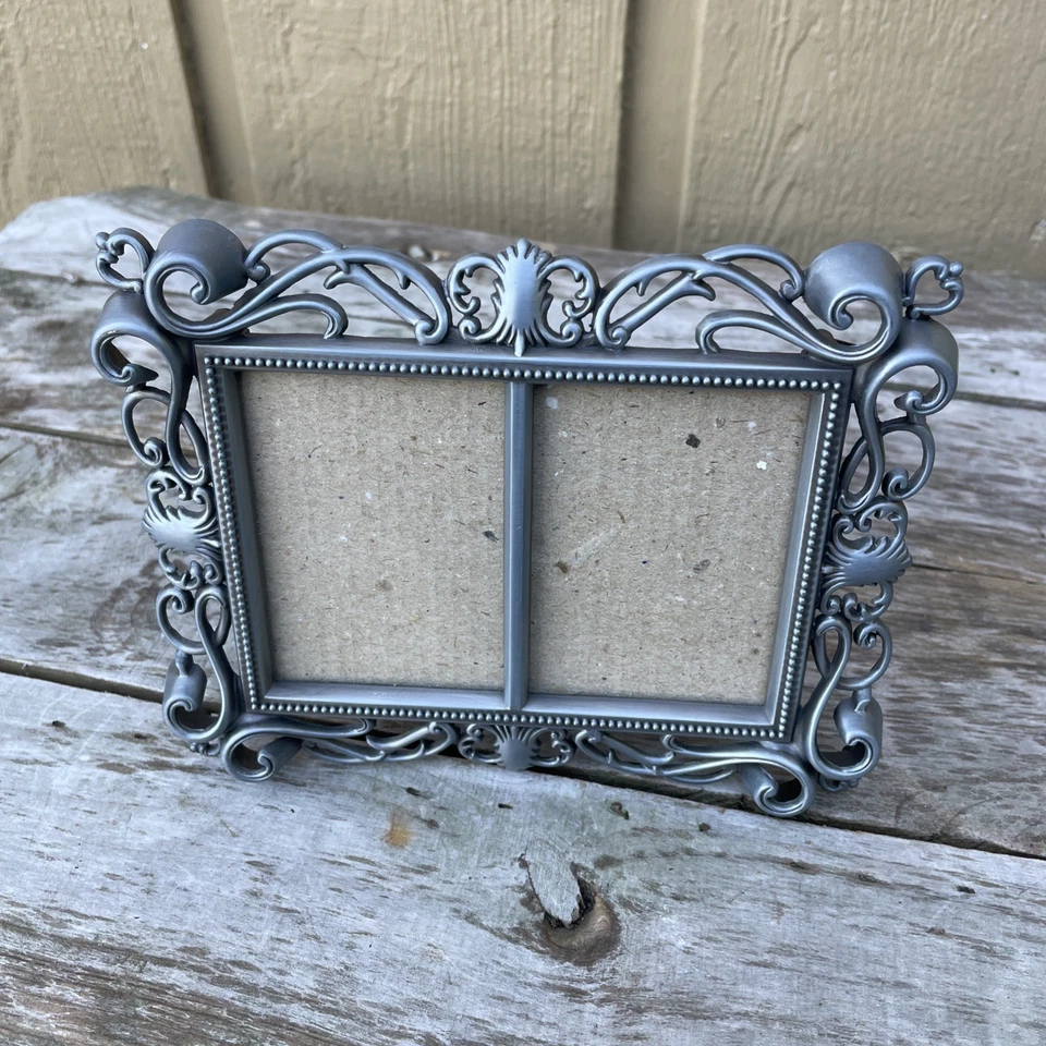 Double Photo Frame, Metal, Pewter Color, Ornate Scroll, 2 1/4” X 3 1/4” Ea. Side - Image 3 of 4