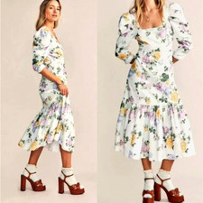 NEW! LoveShackFancy 6 Ellington $345 Corduroy Milkmaid Midi Dress Puff Shoulder 