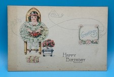 Vintage Happy Birthday Embossed Postcard Girl Ruffled Dress Flowers Made in USA