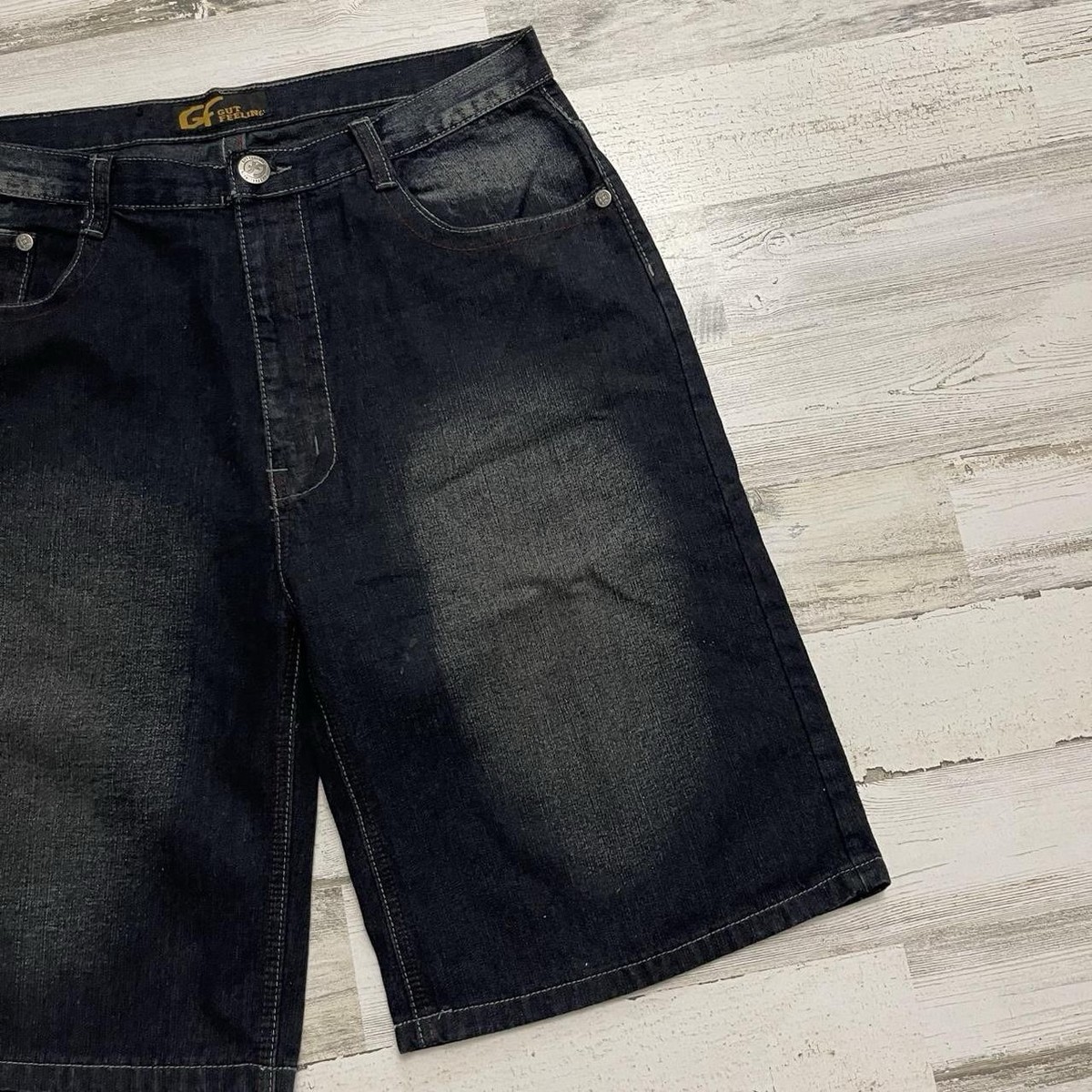 Y2K Gut Feeling Baggy Skater Multicolor Dark Blue Denim Shorts Jorts Size 36 View 6