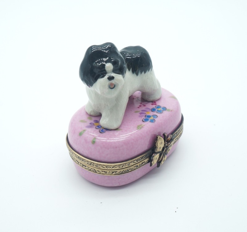 New French Limoges Trinket Box Cute Shih Tzu Dog Puppy on Beautiful Floral Box