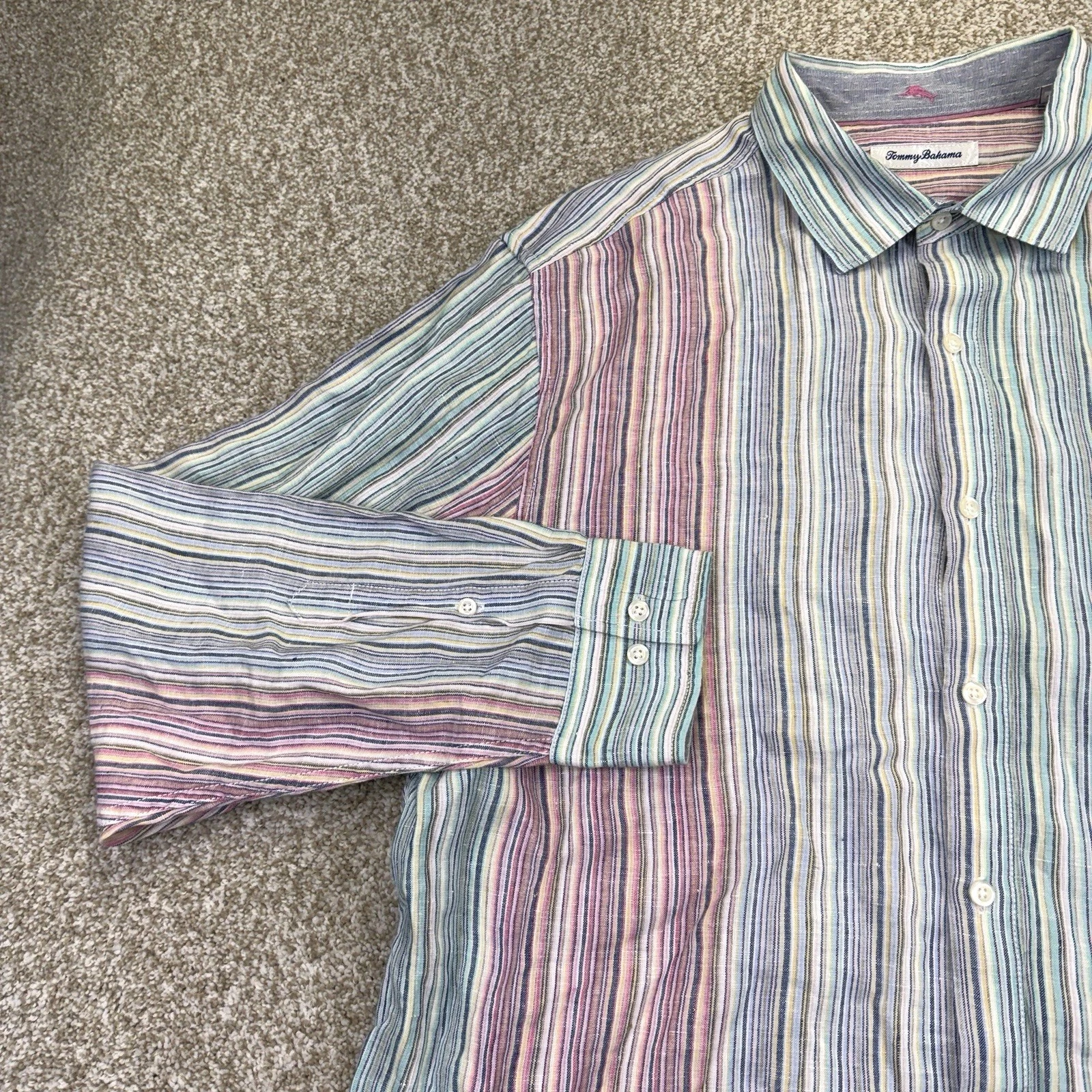 Tommy Bahama Button Up Linen Shirt Mens Size XL Multicolor Stripes Long Sleeve