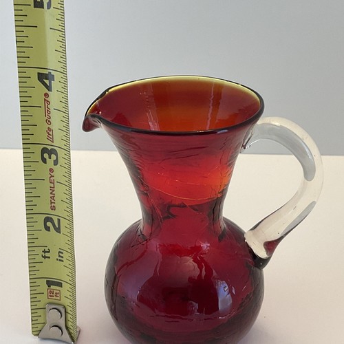 VINTAGE CREAMER OR PITCHER RED AMBERINA SMALL CRACKLE GLASS 3. 75” - Picture 2 of 6