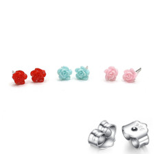 6mm Solid 925 Sterling Silver Rose Flower Stud Earrings Pink Red Blue Gift