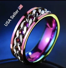 New Rainbow Stainless Steel Rotatable Ring Multicolor Spinner Chain Punk Unisex 