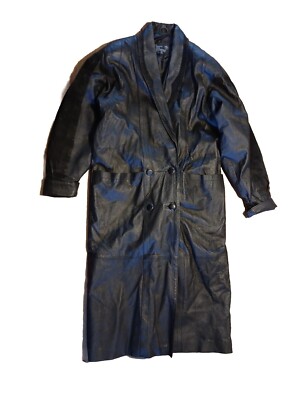 VINTAGE Marco Morani Leather Jacket Womens M Black Trench Long Coat Button Front