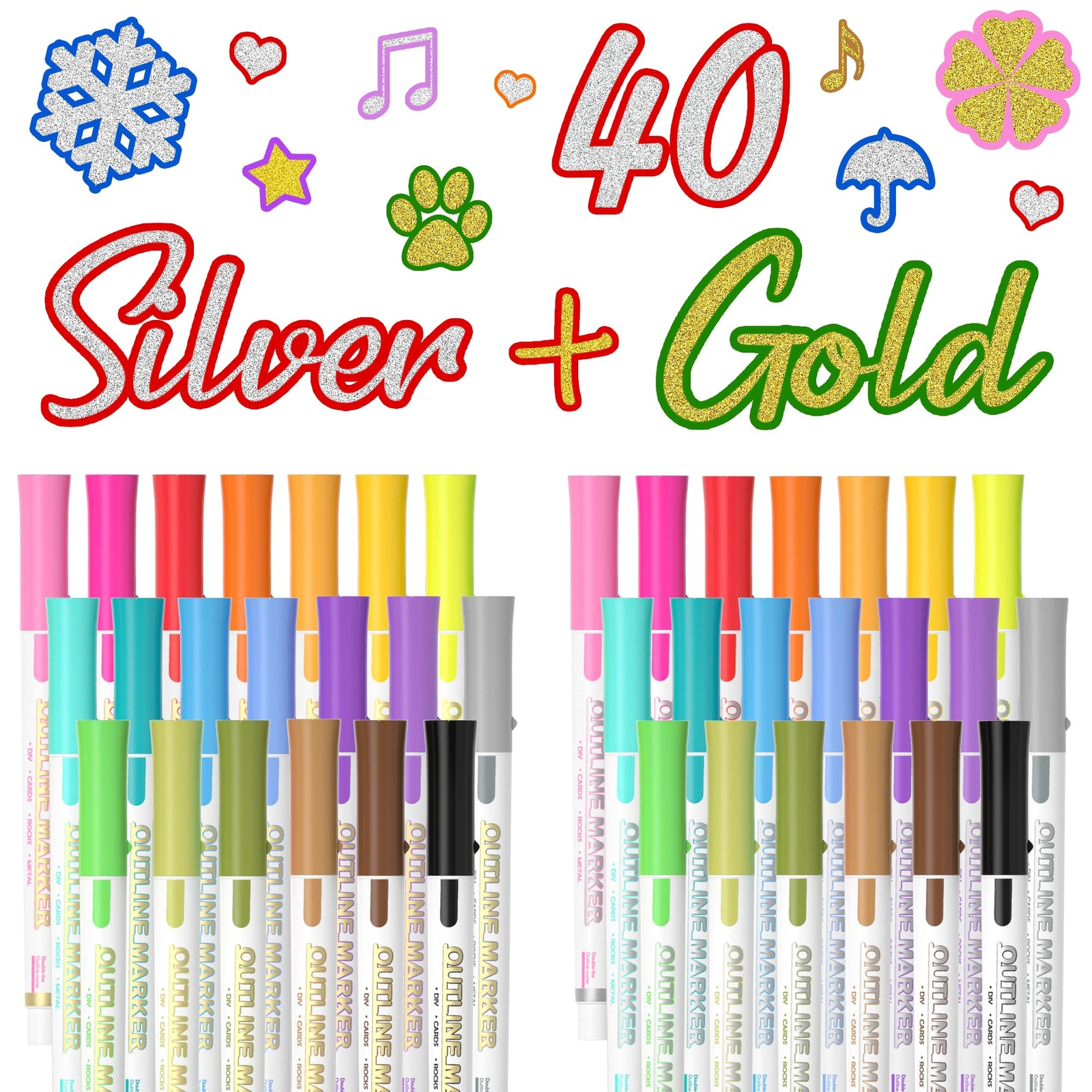 40 Pack Double Line Outline Markers, 20 Silver and 20 Gold Colors Squiggles S...