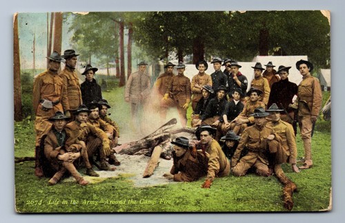 C.1909 AROUND CAMP FIRE MILITARY ARMY LIFE, STRATTON CHATTANOOGA TN Postcard P13