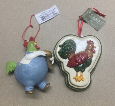 Midwest CBK Chicken Farmer with Feed & Cookie Mold Christmas Ornament Lot of 2