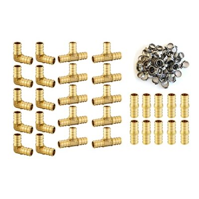 100 Pack  1/2'' Pex Brass Fittings: 70 PCS Pex Stainless Steel Clamps, Tee, Elbow