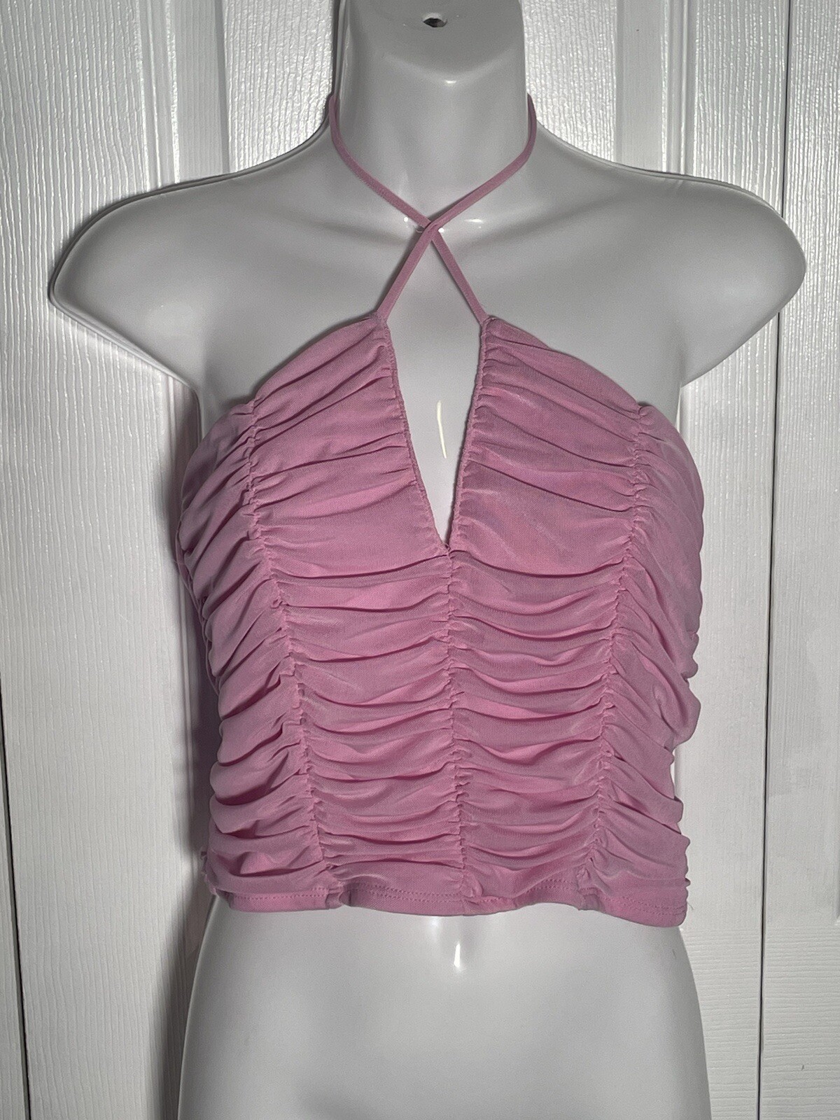 Forever 21 Pink Ruched V Neck Halter Top Size XL Y2K Clubwear Going Out