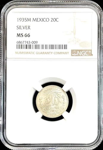 1935 MEXICO ESTADOS UNIDOS 20 CENTAVOS COIN NGC MINT STATE 66