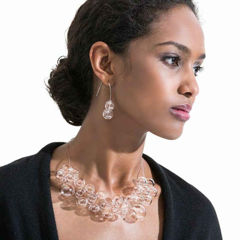 Set collana e orecchini bolla vetro breve stile artistico multistrato matrimonio perle foto 2