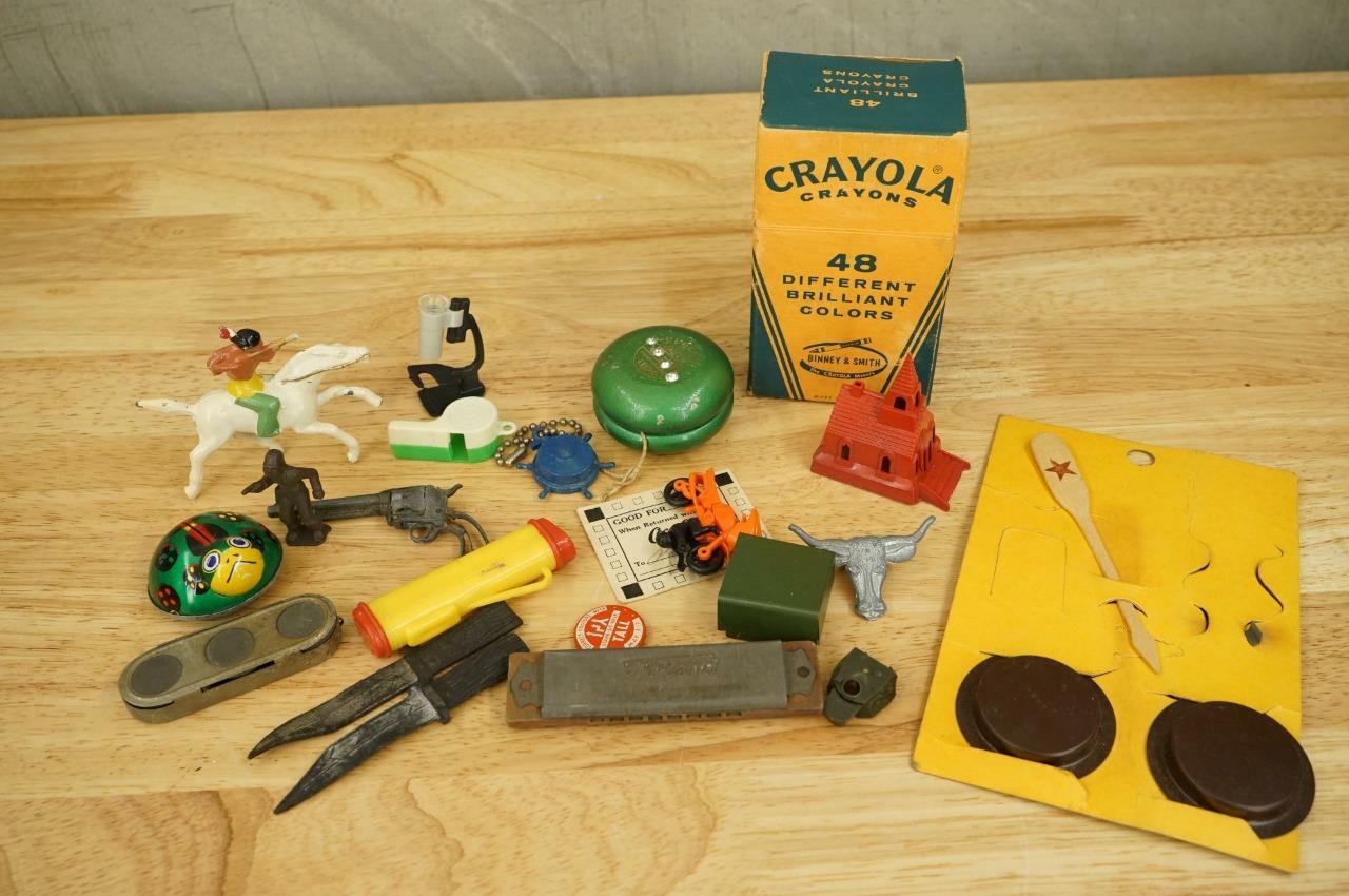 Estate Lot Junk Drawer Toys Tin Litho Whistle Yoyo Crayons Harmonica