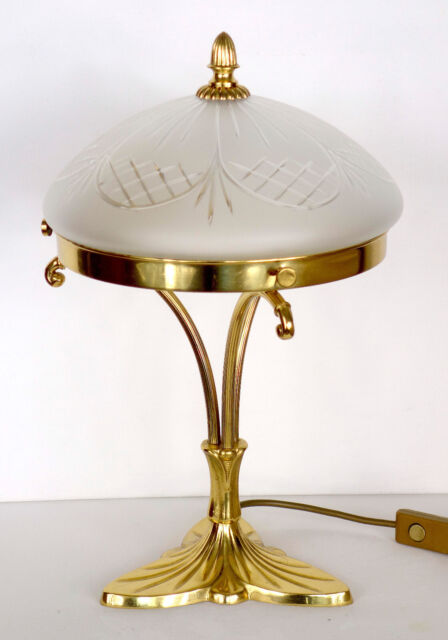 Antik Massiv Messing-Glasschirm Schröder u. Co. Tischlampe 1 Flammig 42 cm Hoch