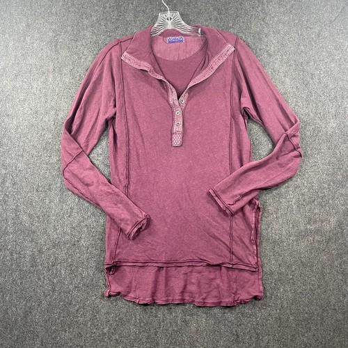 Free People Henley Top Damen Medium weinrot Kragen Langarm Leinen
