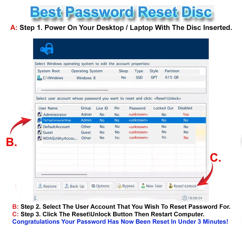 Windows Instant Password Reset Disc for Win 11, 10, 8.1, 8, 7, XP, Vista, Server - Image 2 of 2