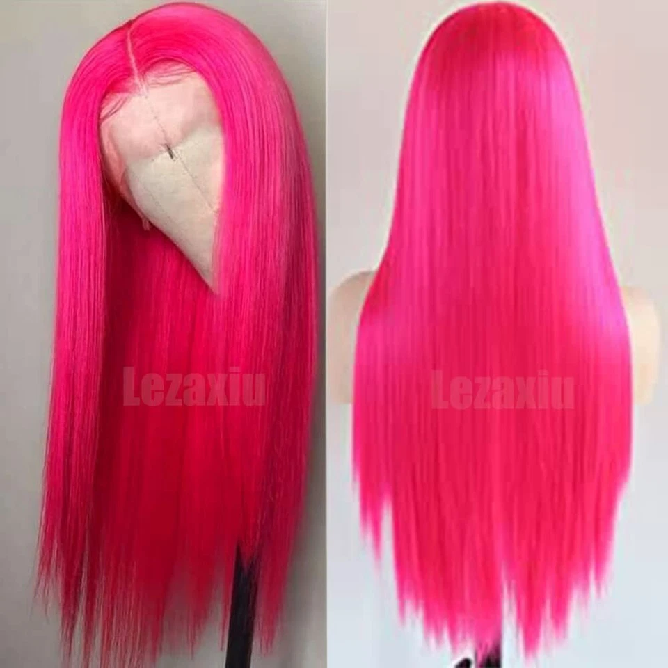 Peluca frontal de encaje sintética larga recta rosa caliente peluca pre arrancada línea del cabello natural Foto 2 de 4