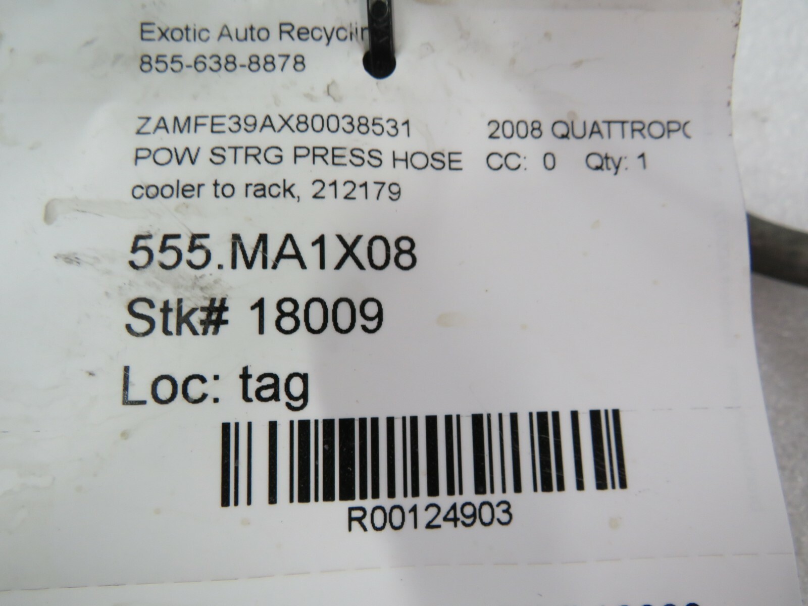 Maserati Quattroporte, Power Steering Rack to Oil Cooler, Used, P/N 212179