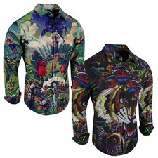Mens Shirt Designer Italian Luxury Tiger Tropical Floral Button Silky Stretch