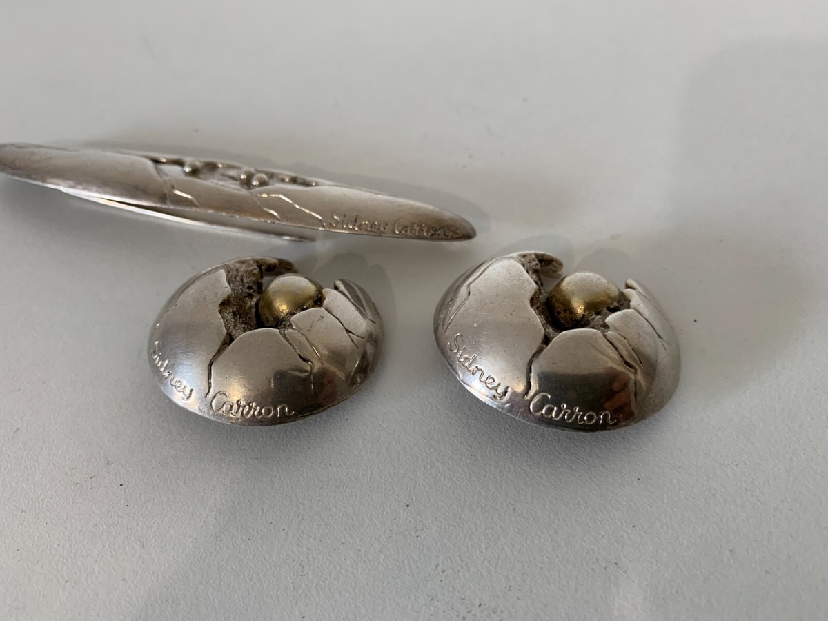 Parure Boucles D'oreilles + Broche Sidney Carron - Métal Argenté, Bijoux Vintage Occasion