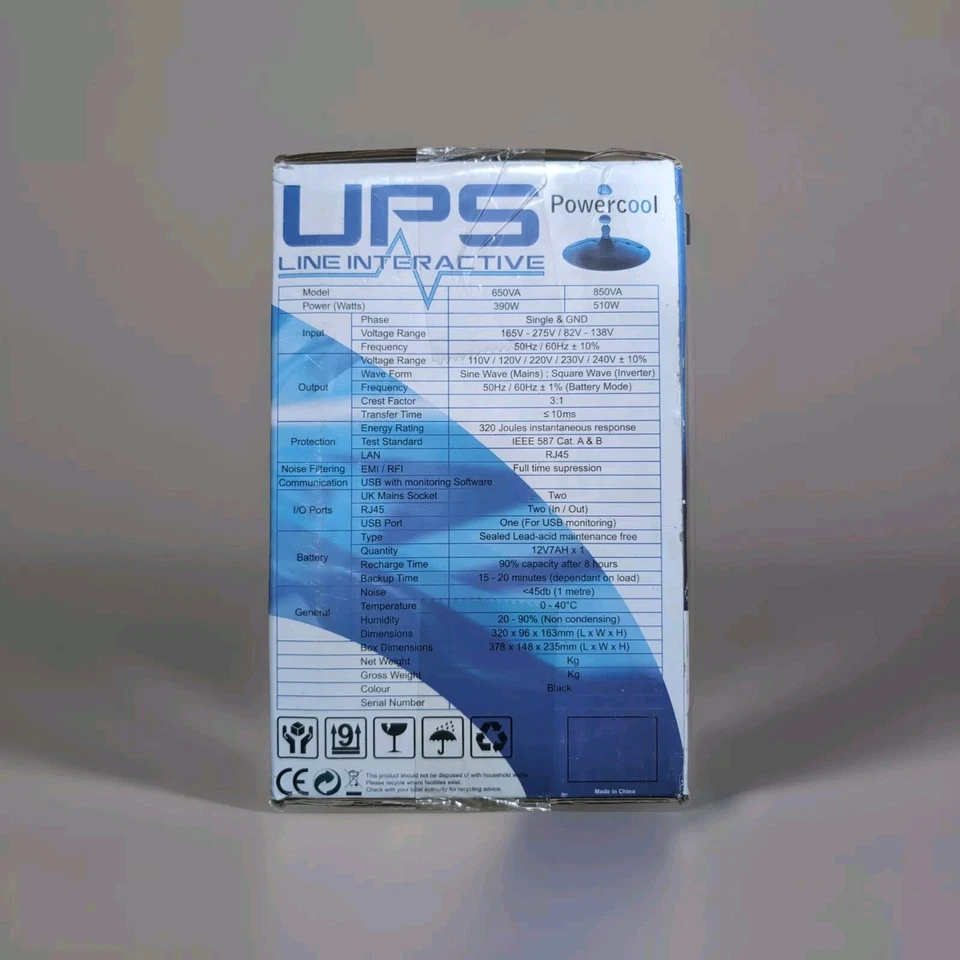 Powercool Smart UPS 650VA 2 x UK Plug RJ45 USB LED Display - Image 2 of 2