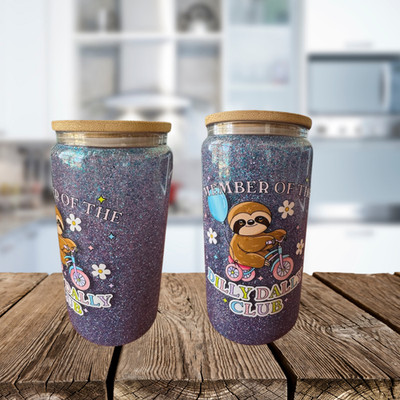 Member of the Dilly Dally Club Handmade Designed 16oz Glitter Glass.
