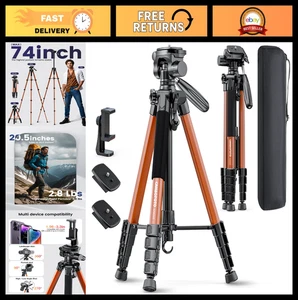 Professional 74" Aluminum Heavy Duty Tripod for DSLR, Mirrorless, Cell Phone & C