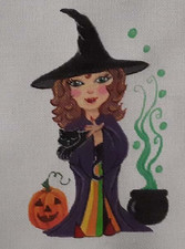 HAND PAINTED NEEDLEPOINT CANVAS HALLOWEEN WITCH-"FELICITY"- 18CT. - BY JRM