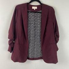 Skies Are Blue 3/4 Ruched Sleeve Open Front Blazer Size M Burgundy Stretch