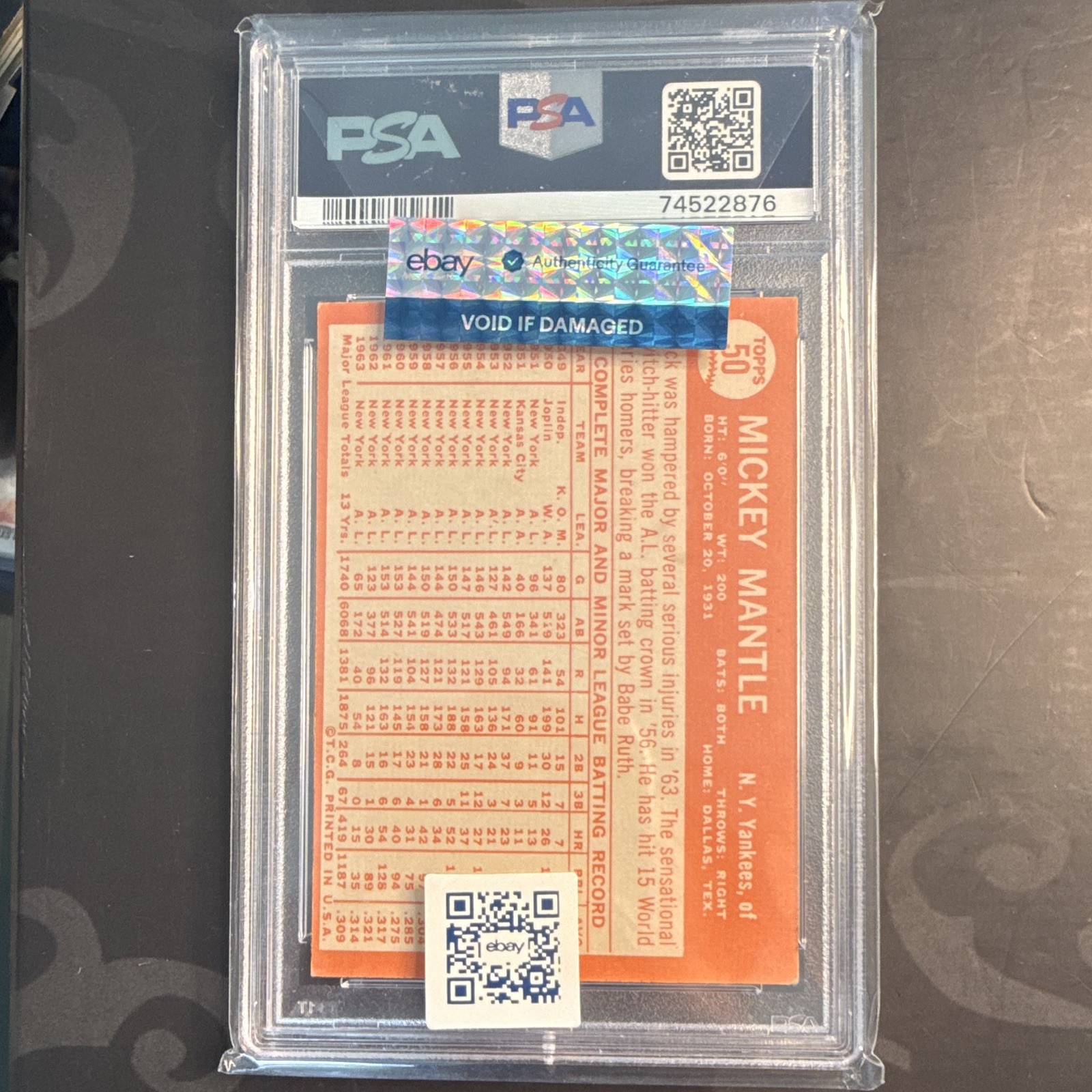 Topps 1964 Topps #50 Mickey Mantle New York Yankees PSA Graded Card view 4
