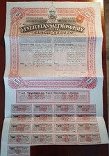 Venezuela 1906 Salt Monopoly 25 Sterling UK GB Share Coupons Action Bond Loan