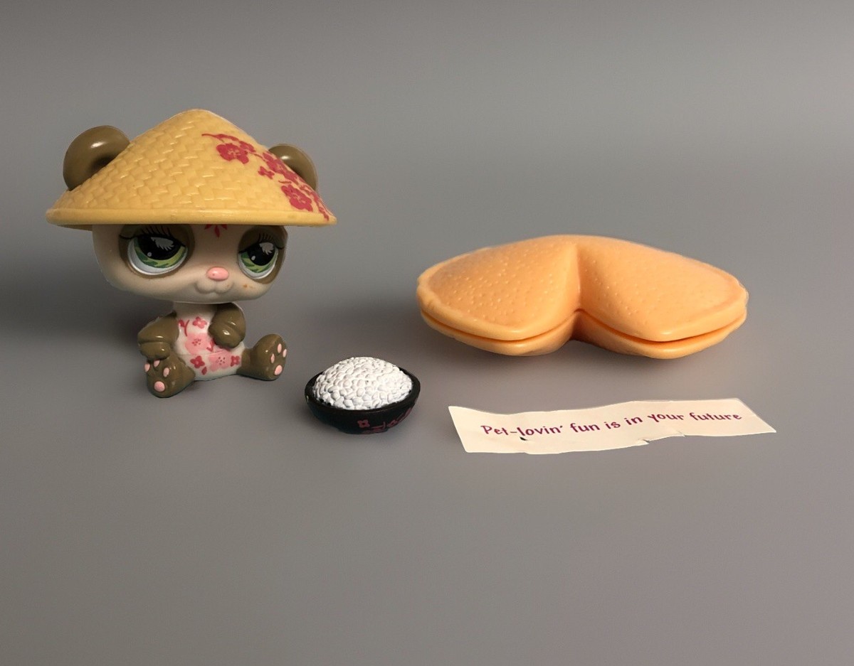 LPS 2009 Panda Bear #904 Postcard Pet w/Flower Hat, Rice Bowl